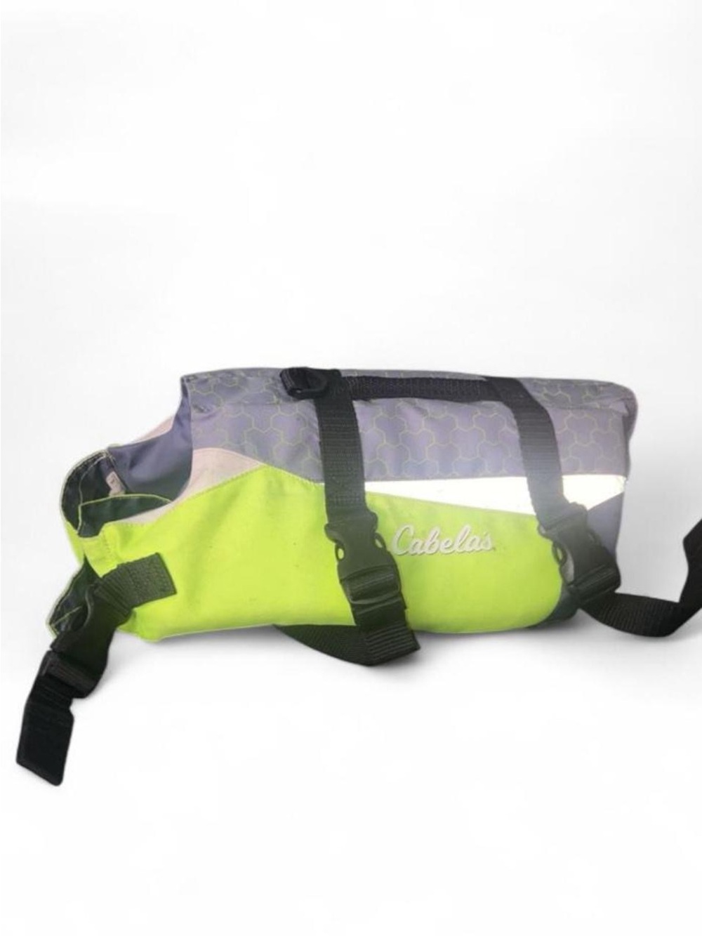 Cabela's Lime Green and Gray Dog Life Jacket with Black Straps